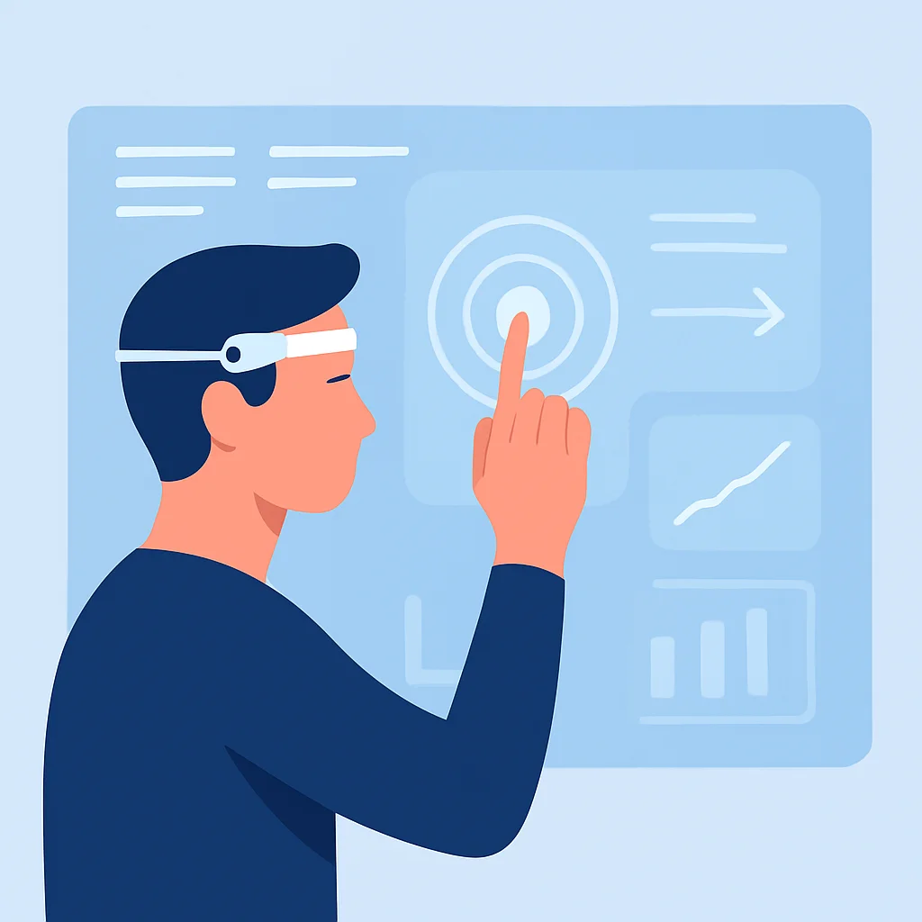 Arte conceitual futurista de uma pessoa interagindo com uma interface holográfica usando tecnologia BCI, representando interação humano-computador sem emendas