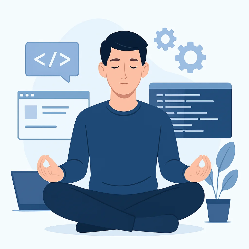 Ilustração de um desenvolvedor praticando mindfulness ou exercícios leves, mostrando uma postura calma e focada em meio a um ambiente tecnológico