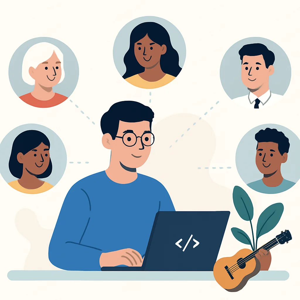 Ilustração de um desenvolvedor cercado por uma rede de apoio diversa (amigos, família, mentores, colegas) e engajado em um hobby, simbolizando resiliência e equilíbrio entre vida pessoal e profissional