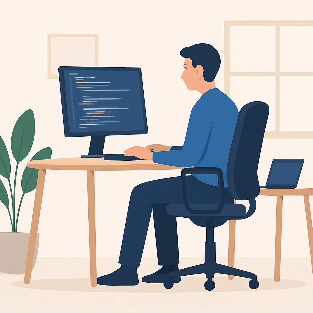 Ilustração de um desenvolvedor trabalhando confortavelmente em um setup de home office ergonômico, mostrando boa postura e arranjo adequado dos equipamentos