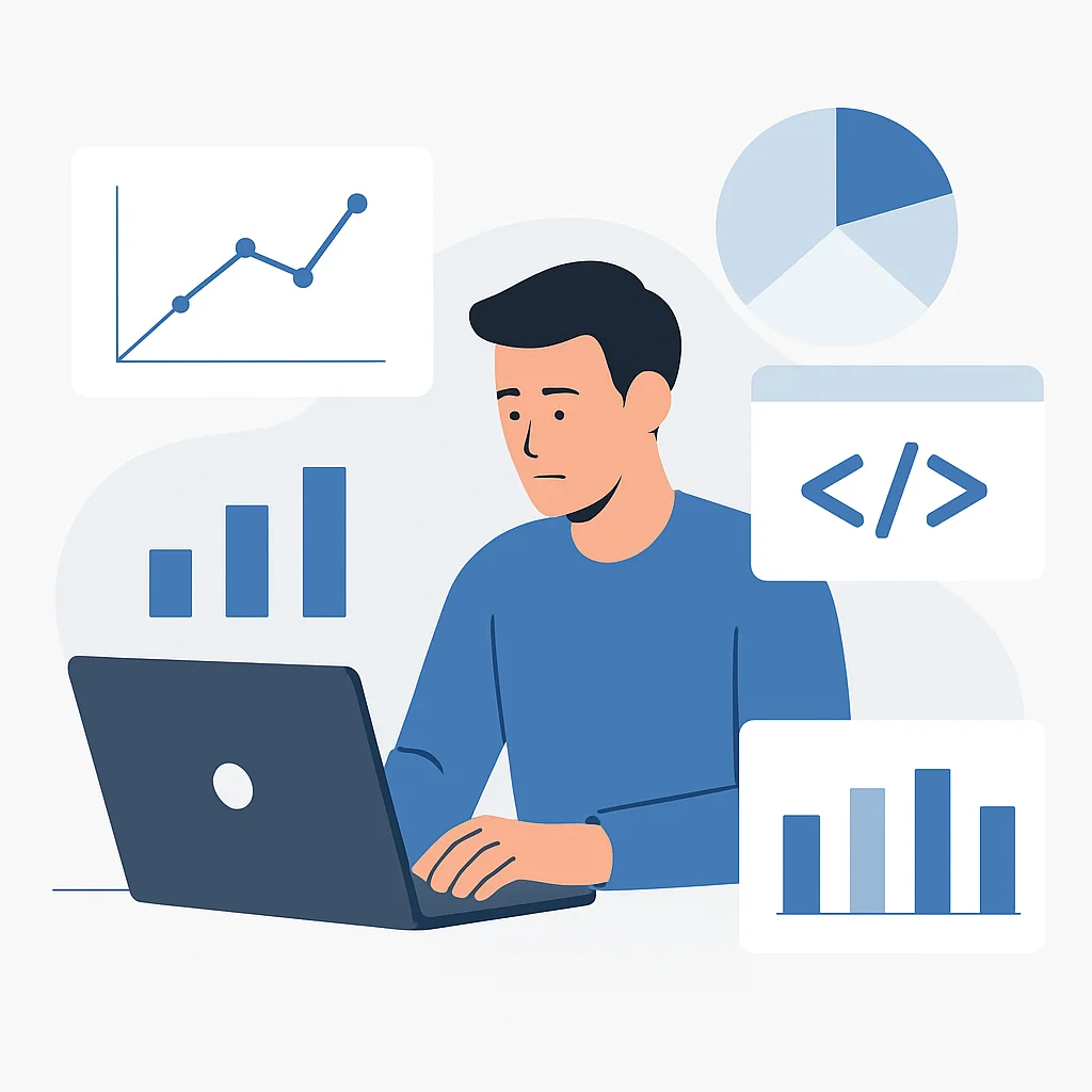 Ilustração de um desenvolvedor trabalhando em um laptop com gráficos, simbolizando aplicação prática e resolução de problemas