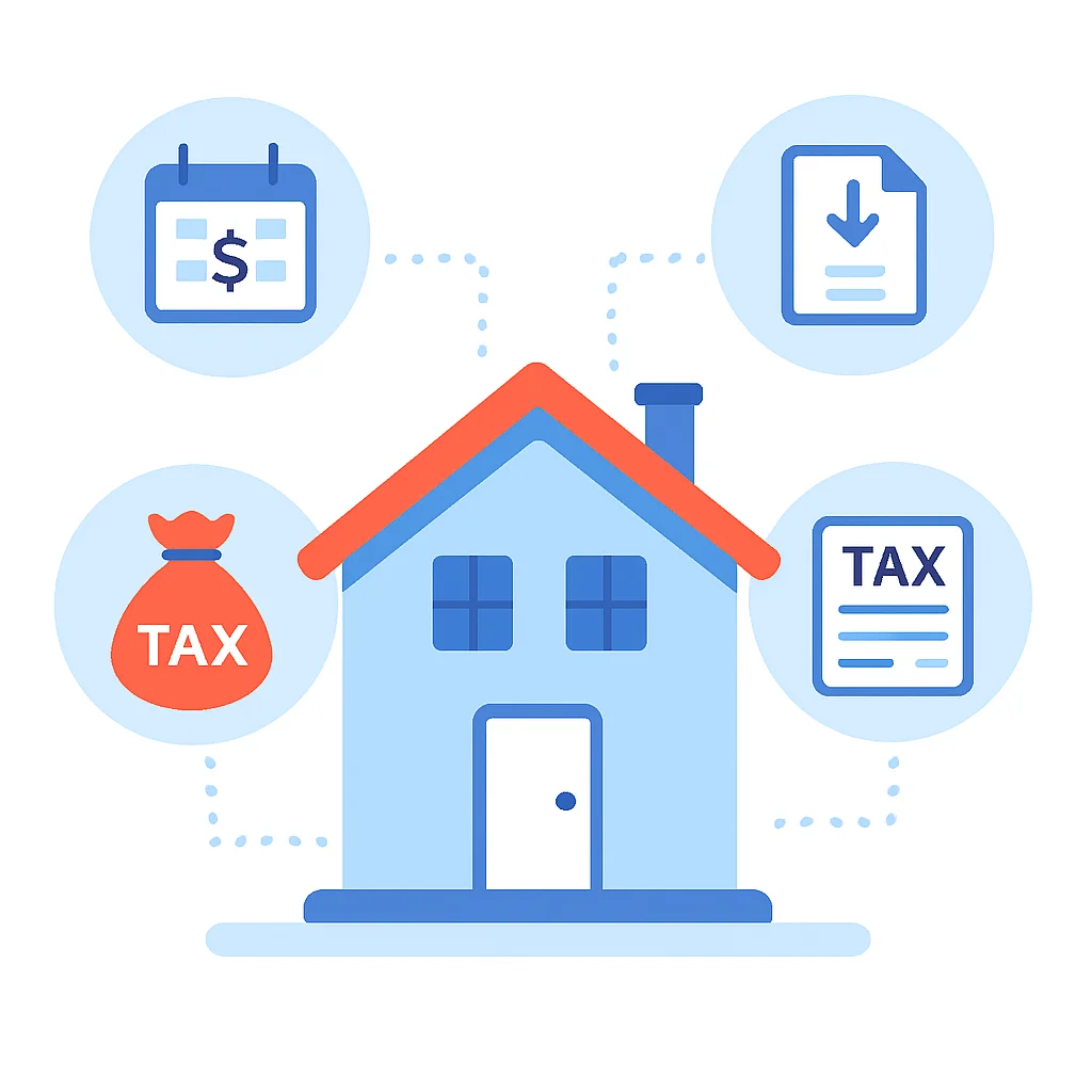 Ilustração de uma casa com ícones de impostos flutuando ao redor, representando os diversos tipos de impostos imobiliários