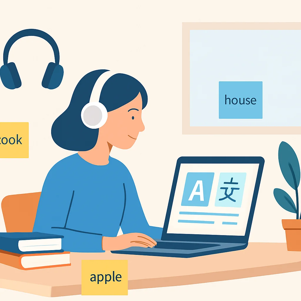 Ilustração de uma pessoa em casa cercada por elementos de aprendizado de idiomas, como livros, fones de ouvido, laptop e post-its.