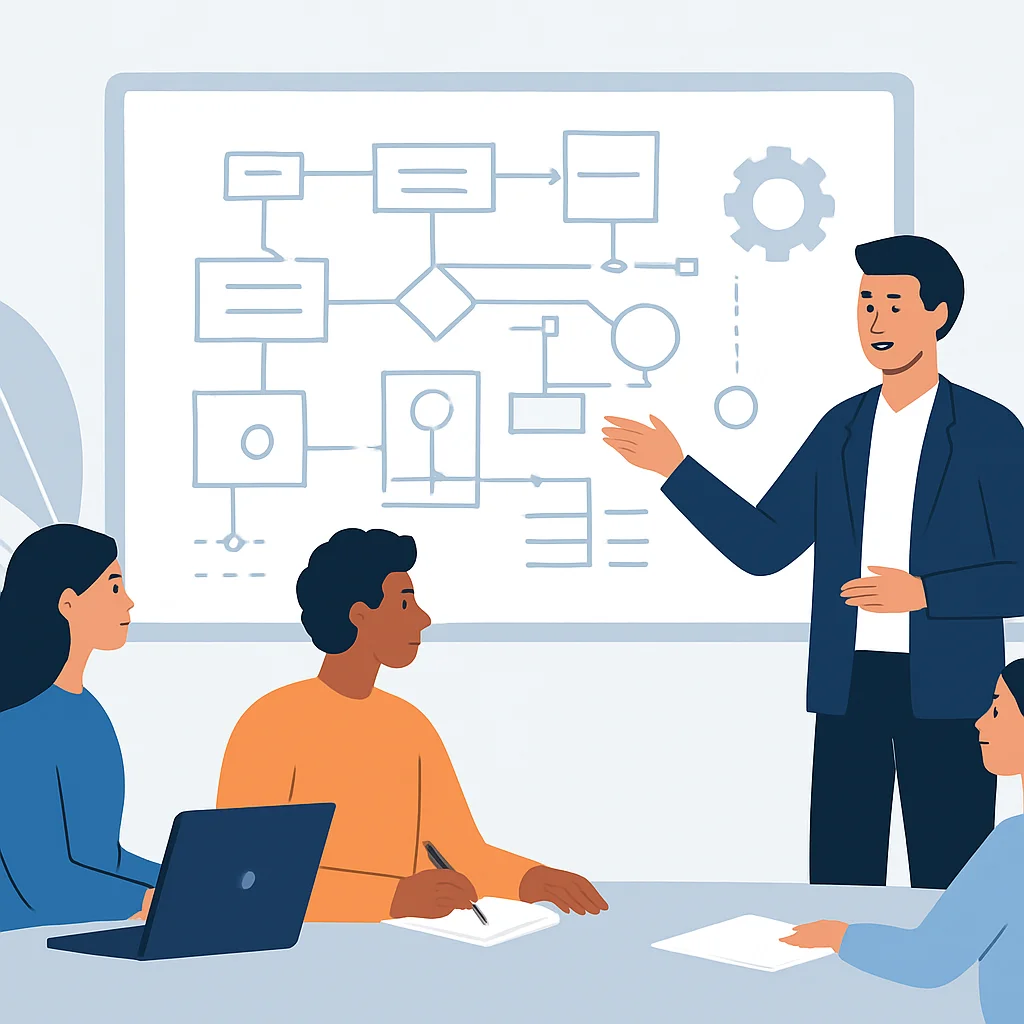 Ilustração de uma equipe colaborando e um líder os guiando através de um diagrama técnico complexo