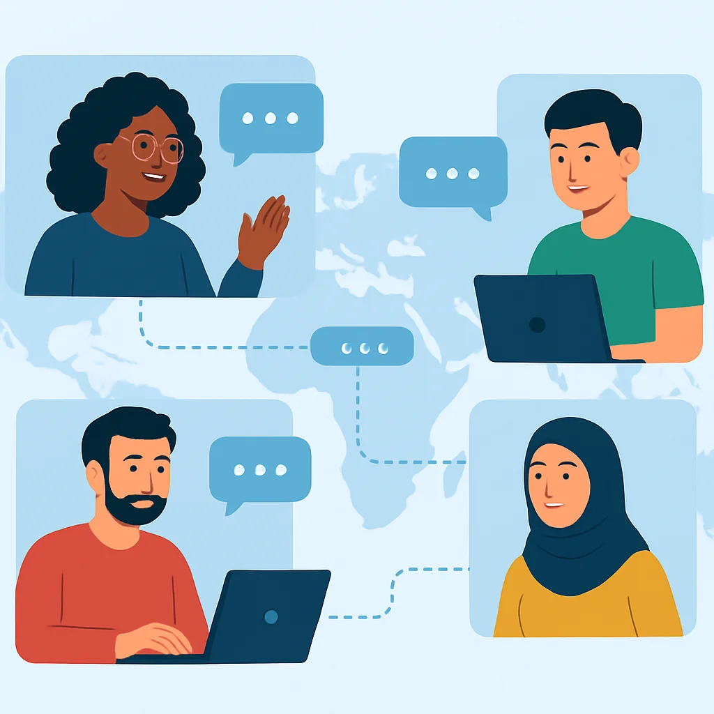 Ilustração de desenvolvedores diversos se comunicando globalmente por videoconferência, com balões de fala e linhas de conexão