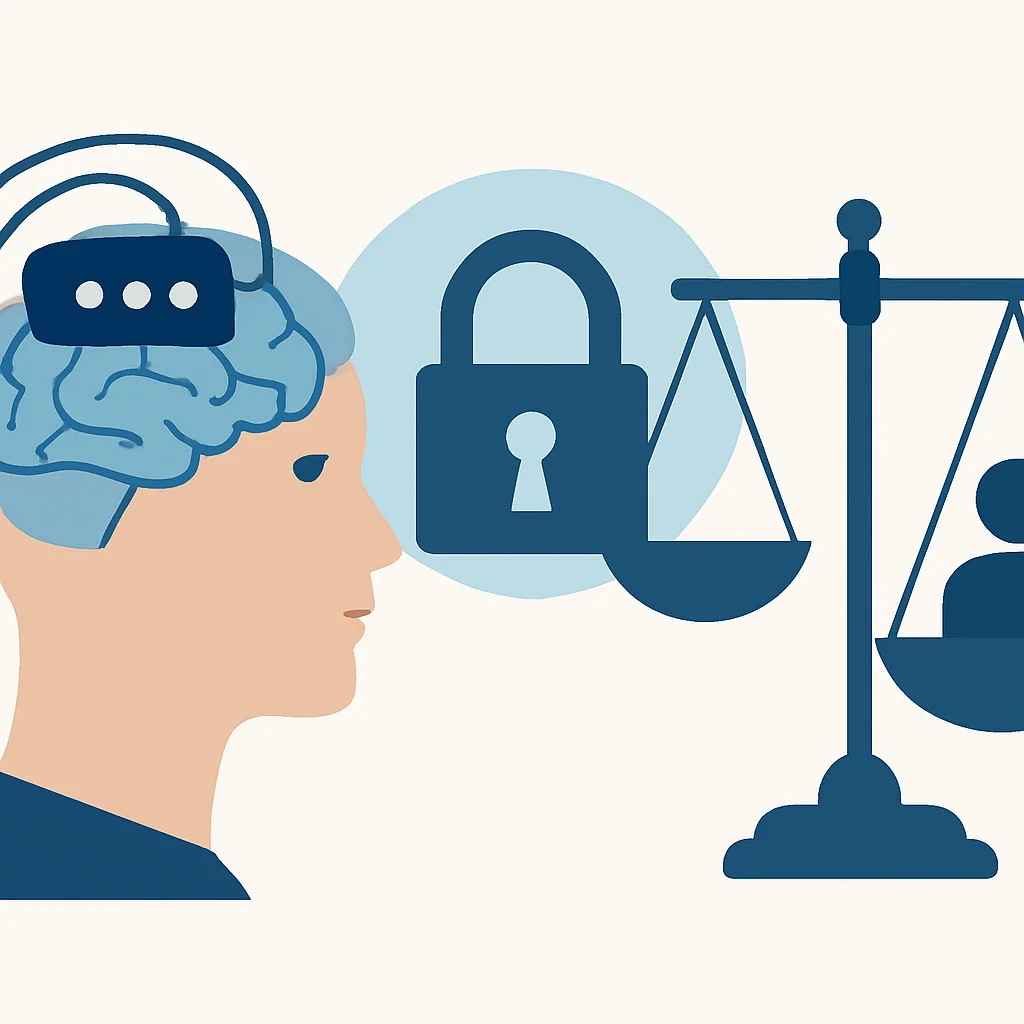 Ilustração de dilemas éticos em torno da tecnologia BCI, mostrando conceitos como privacidade de dados, consentimento e acesso equitativo