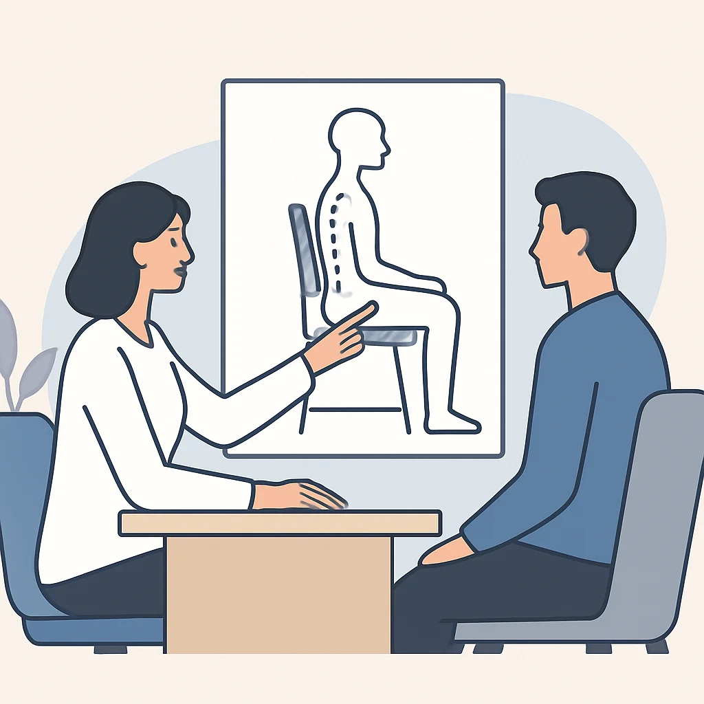 Imagem ilustrando uma pessoa consultando um ergonomista, apontando para a postura correta em um diagrama