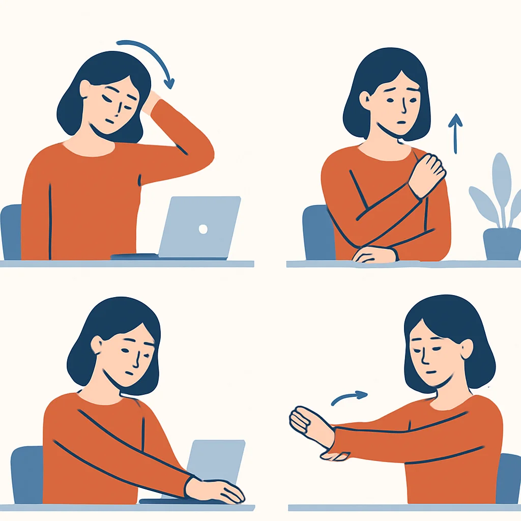 Infográfico ilustrando exercícios de alongamento simples para pescoço, ombros e punhos adequados para o ambiente de home office