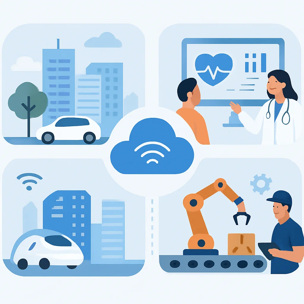 Infográfico exibindo diversos casos de uso inovadores de Edge Computing em diferentes indústrias como cidades inteligentes, saúde e manufatura