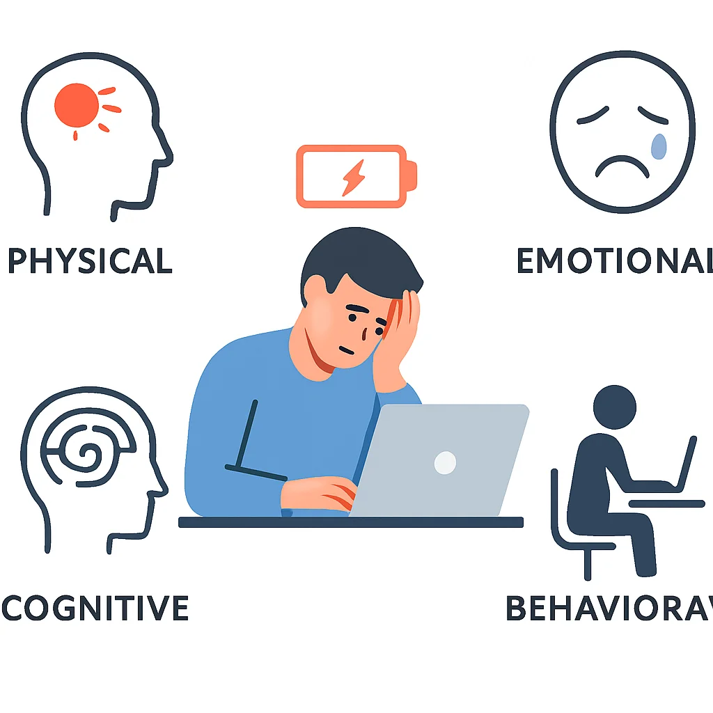 Infográfico mostrando sintomas comuns de burnout em desenvolvedores, categorizados em físicos, emocionais, cognitivos e comportamentais, com ícones para cada tipo