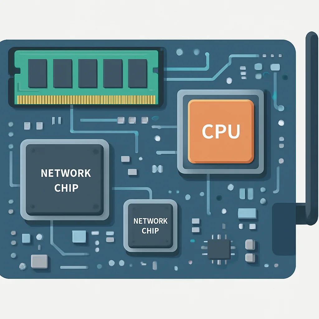 Vista interna de uma placa-mãe de roteador Wi-Fi de ponta exibindo CPU, RAM e chips de rede