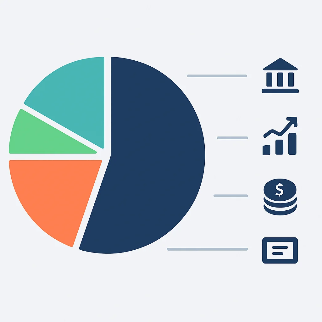 Diagrama de alocação de carteira de investimentos mostrando diversificação entre classes de ativos