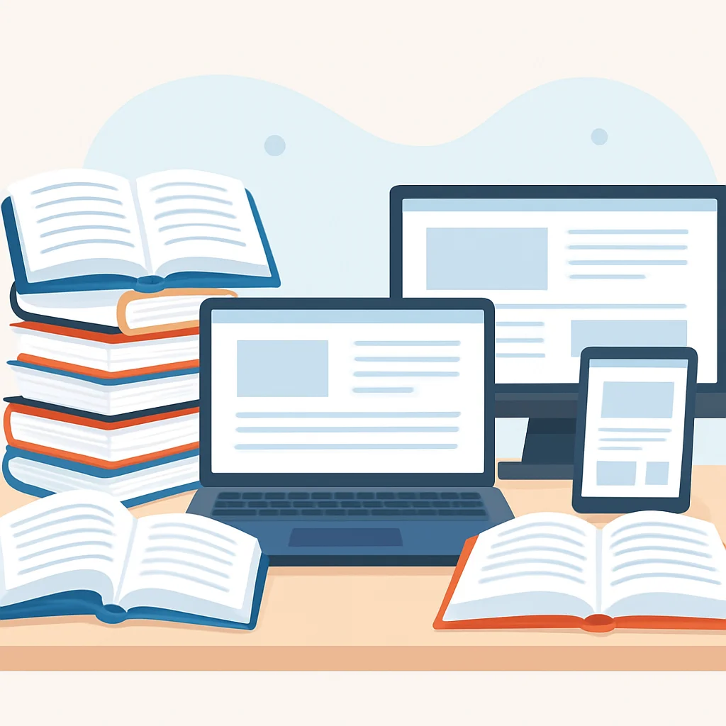 Imagem metafórica de uma mesa bagunçada com muitos livros abertos e telas, representando sobrecarga de informações