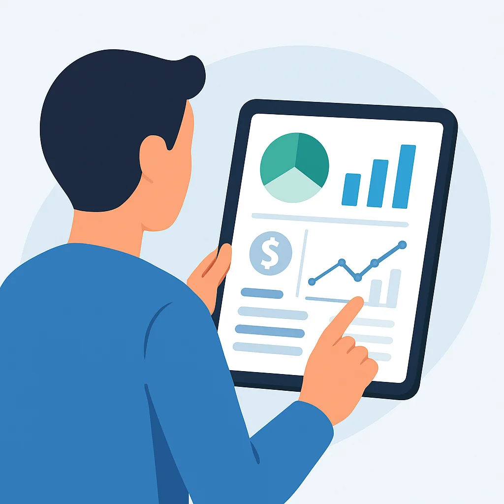 Uma pessoa usando software de gestão financeira em um tablet, exibindo painéis e gráficos