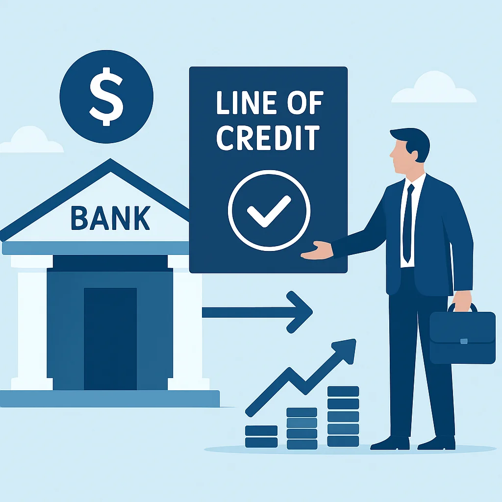 Representação visual de uma empresa obtendo uma linha de crédito de um banco, mostrando estabilidade financeira