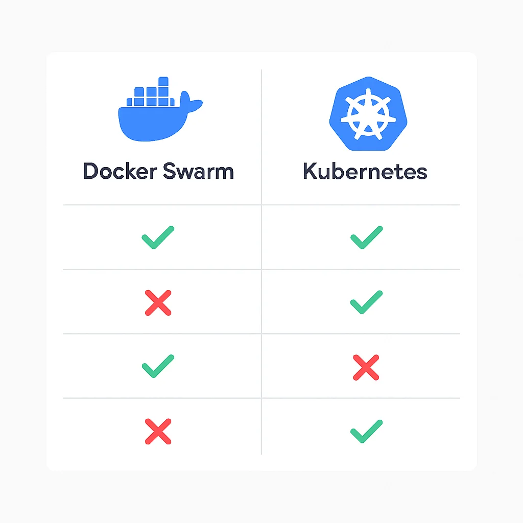 Tabela comparativa destacando recursos de Docker Swarm vs Kubernetes