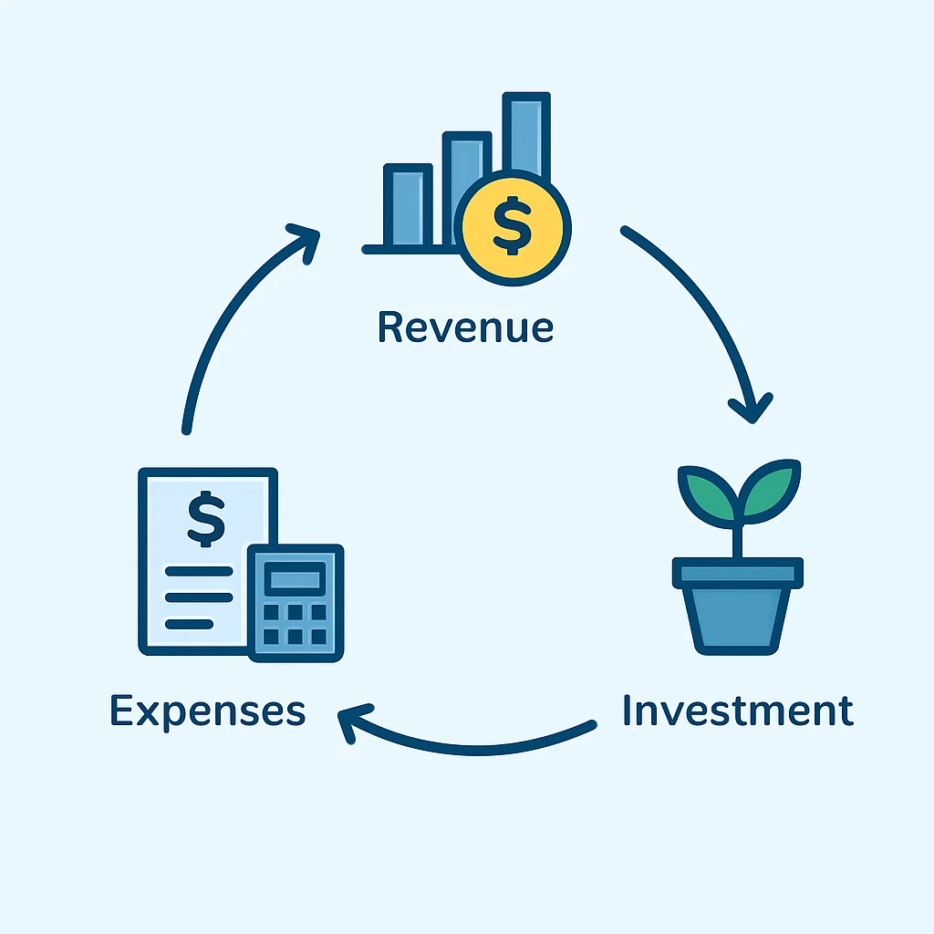Diagrama do ciclo de fluxo de caixa em um negócio, de receitas a despesas e de volta a investimentos