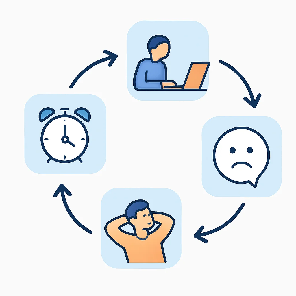 Diagrama do ciclo da procrastinação: gatilho, atraso, sentimentos negativos, alívio temporário, ciclo repetido