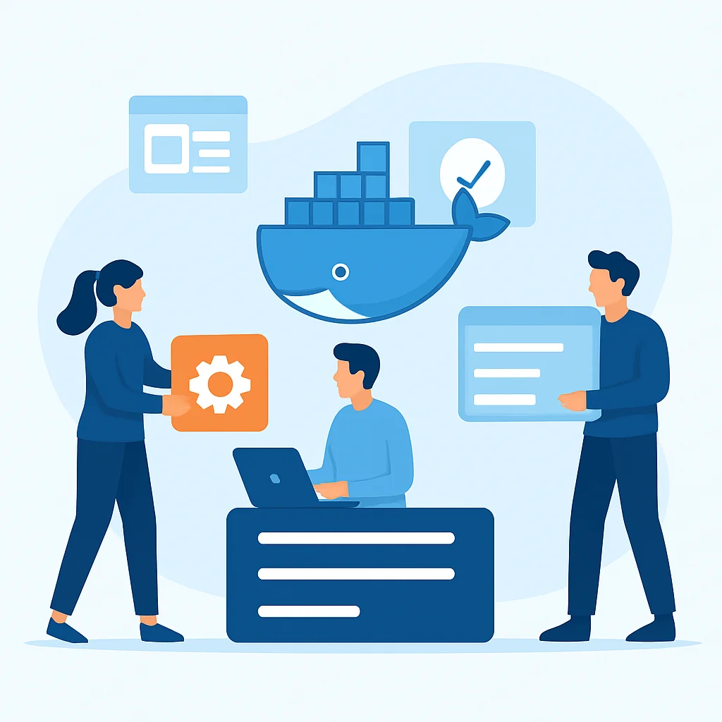 Ilustração de uma pequena equipe implantando aplicativos facilmente com Docker Swarm