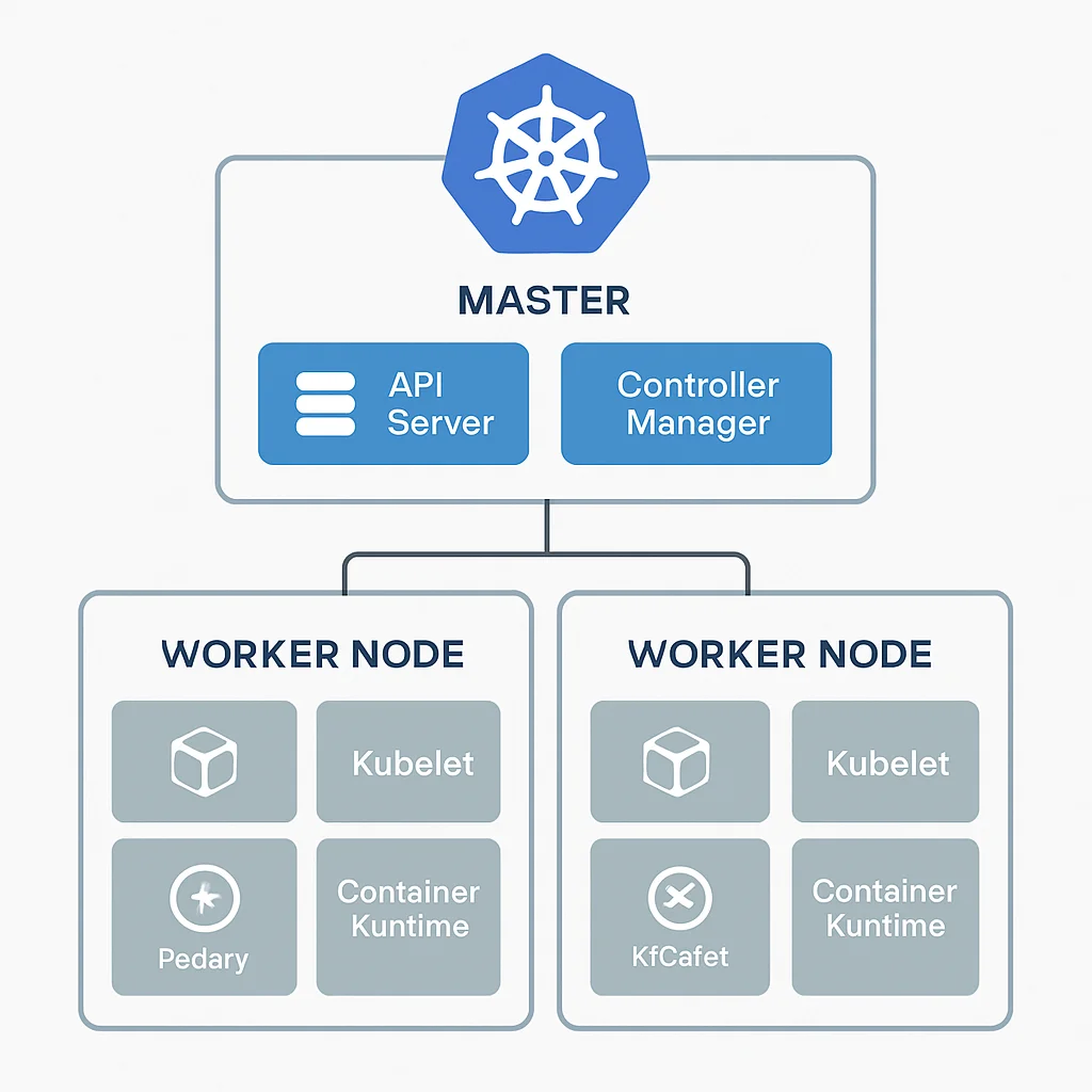 Diagrama de arquitetura do Kubernetes mostrando nós master e worker com componentes