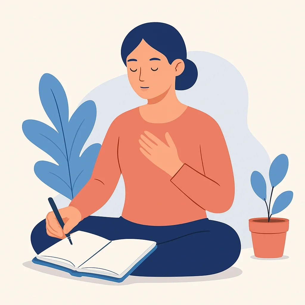 Pessoa escrevendo em diário ou meditando, simbolizando autorreflexão e autocompaixão na superação de desafios