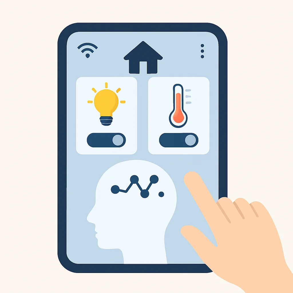 Captura de tela de uma interface de aplicativo de casa inteligente controlada por BCI, mostrando controles de luz e temperatura sendo manipulados mentalmente