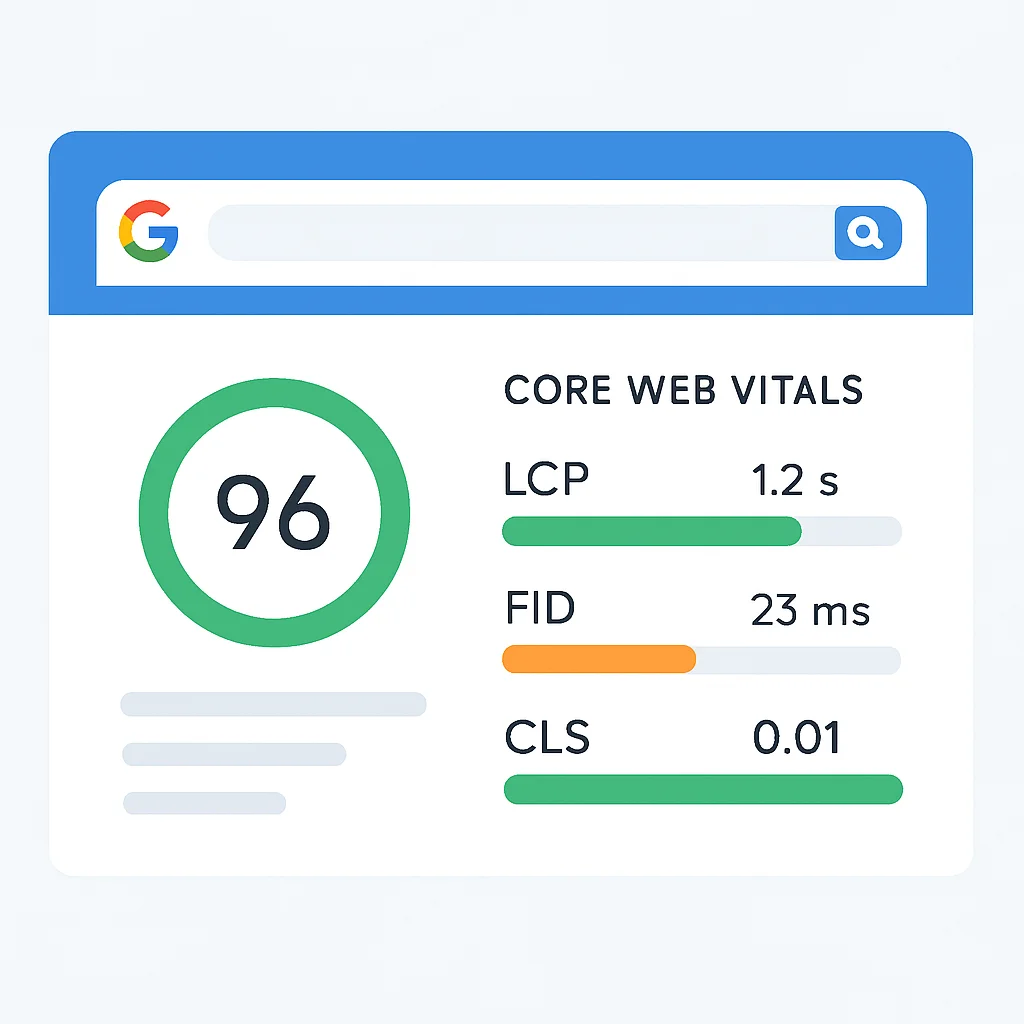 Captura de tela do relatório do Google PageSpeed Insights mostrando as pontuações das Core Web Vitals