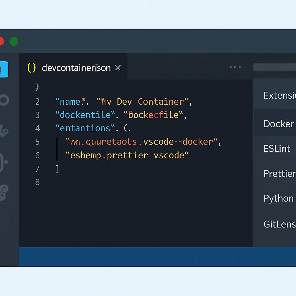 Captura de tela do VS Code rodando dentro de um Dev Container, mostrando o arquivo devcontainer.json aberto e extensões instaladas