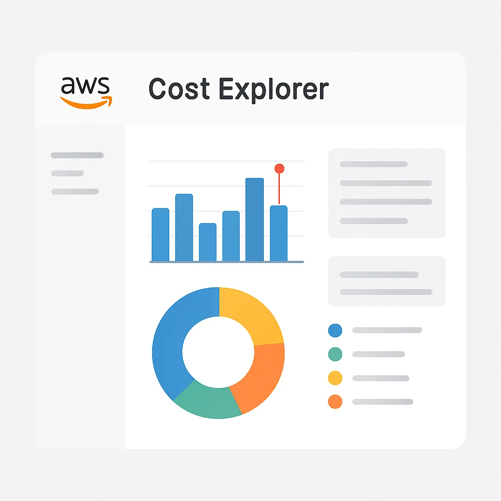 Captura de tela ou mockup do painel do AWS Cost Explorer mostrando detalhamento de custos por serviço e tags, com foco na identificação de tendências e anomalias de custo