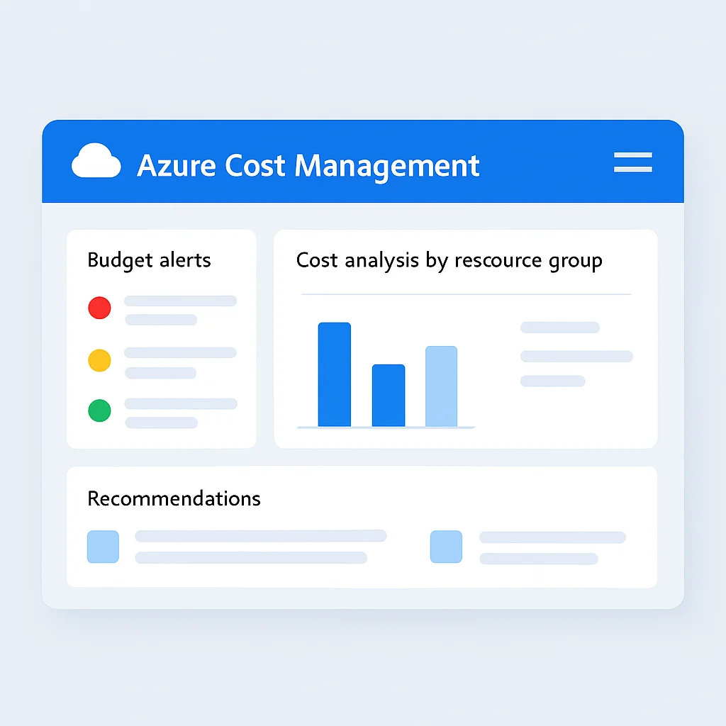 Captura de tela ou mockup do painel do Azure Cost Management, mostrando alertas de orçamento, análise de custos por grupo de recursos e recomendações do Azure Advisor
