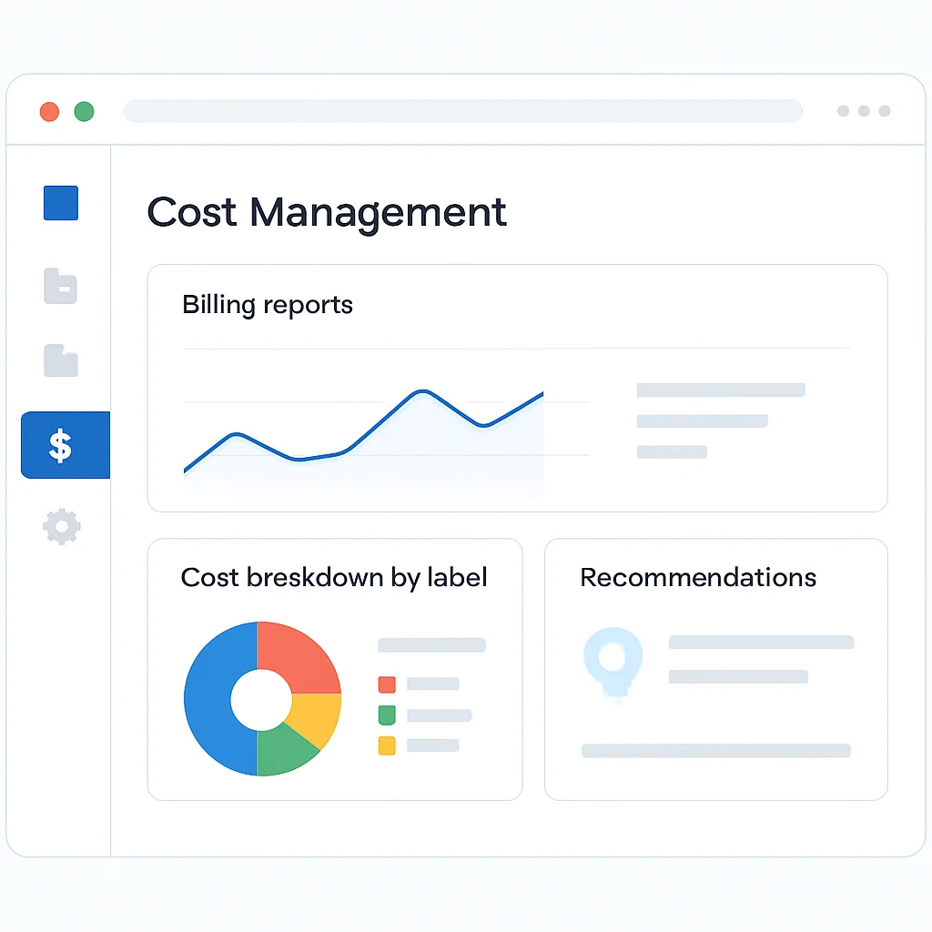Captura de tela ou mockup do painel do GCP Cost Management, mostrando relatórios de faturamento, detalhamento de custos por rótulo e recomendações para economia de custos do Recommender AI