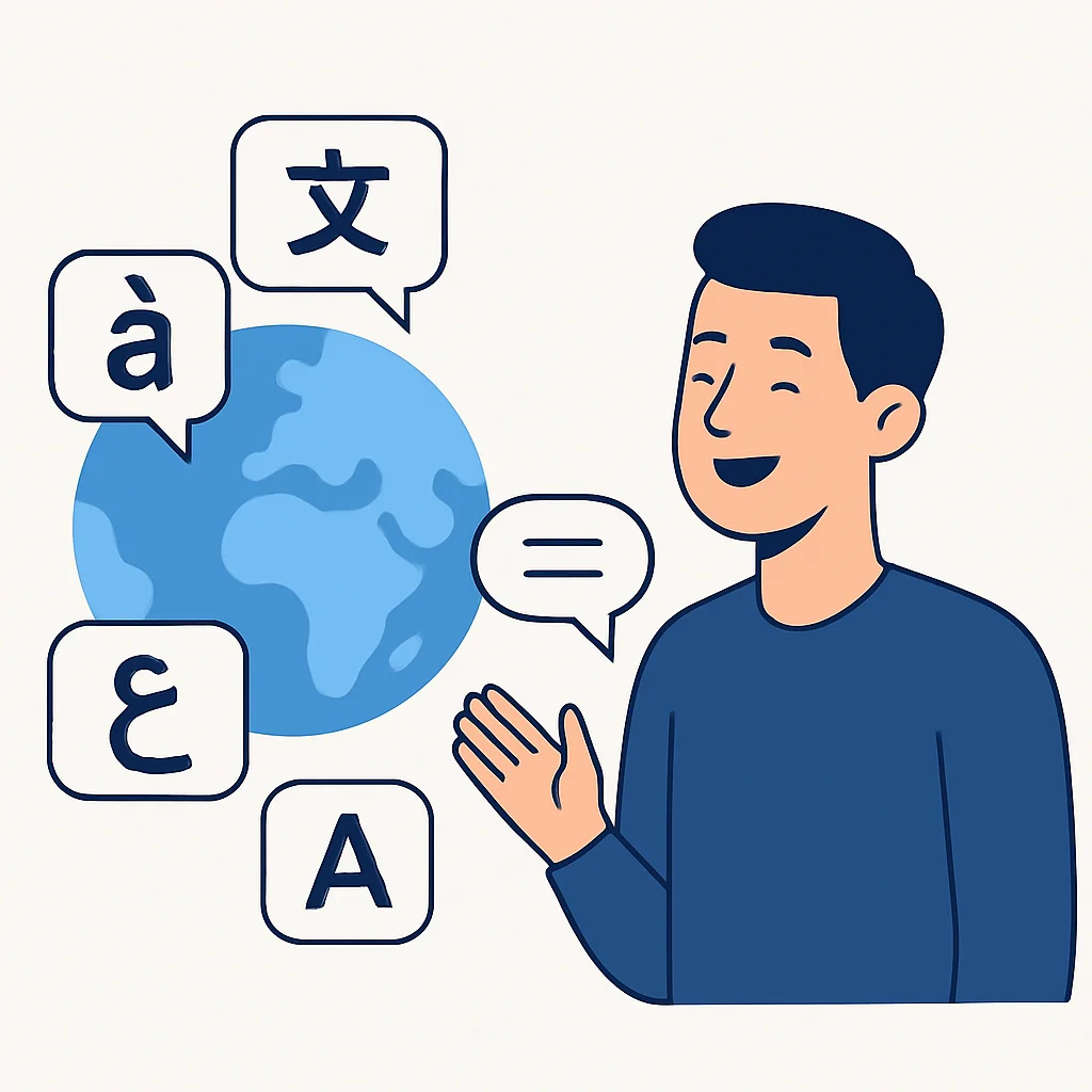 Ilustração estilizada de um globo com símbolos de idiomas e uma pessoa feliz falando diferentes línguas, representando comunicação global.