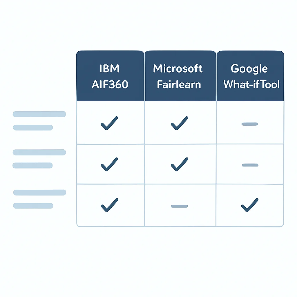 Tabela comparando ferramentas populares de fairness em IA como IBM AIF360, Microsoft Fairlearn, Google What-If Tool, com recursos como métricas suportadas, integração e facilidade de uso