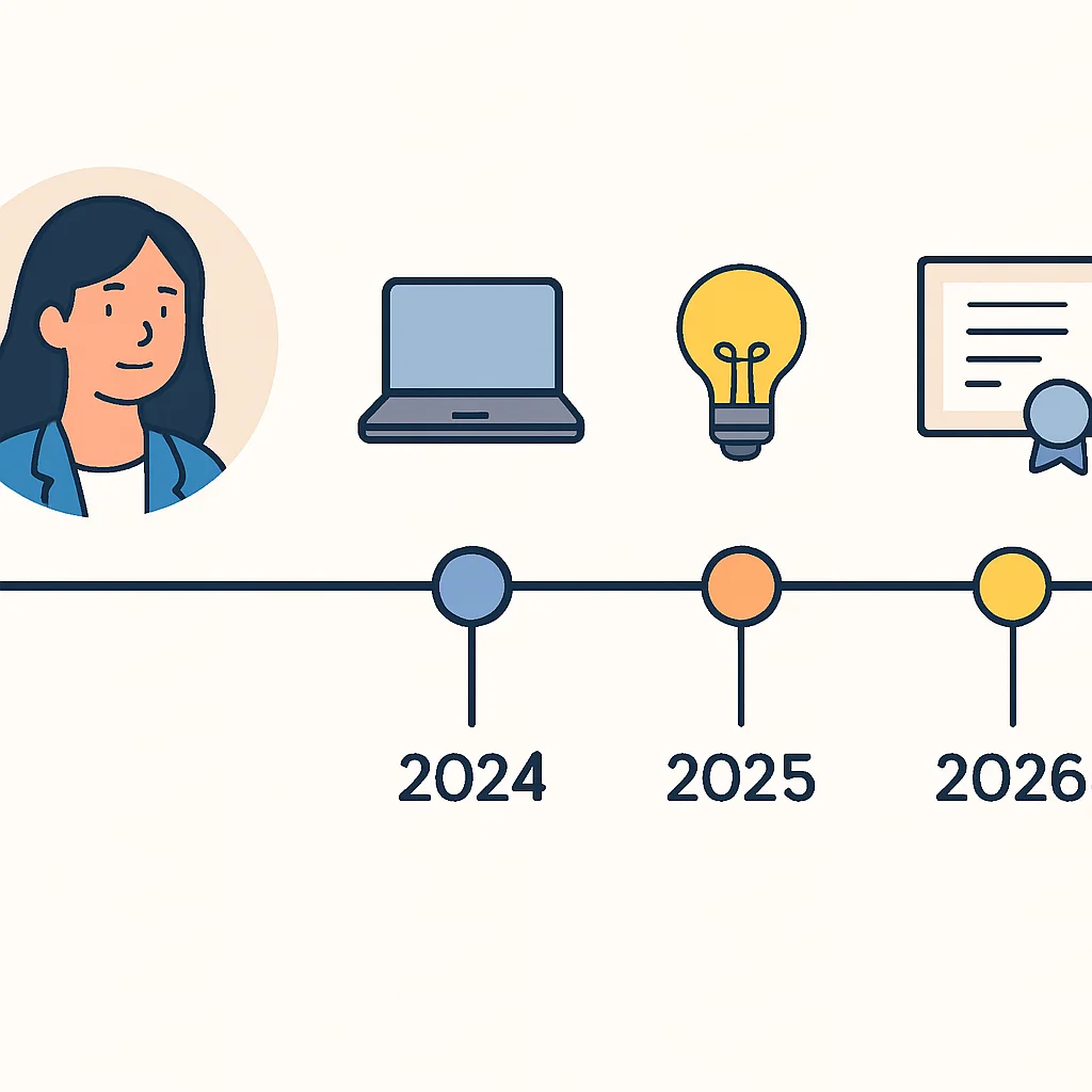Infográfico de linha do tempo mostrando a progressão da carreira de Ana de 2024 a 2026, destacando os principais marcos de aprendizado