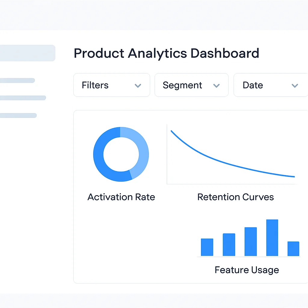 Mockup de um painel de Análise de Produto exibindo métricas chave de PLG, como taxa de ativação, curvas de retenção e uso de funcionalidades, com opções de filtragem e segmentação.