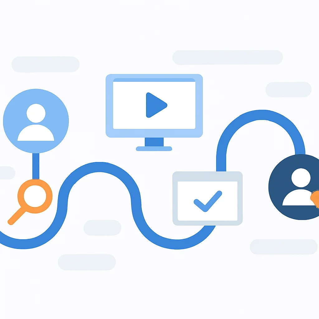 Mapa da jornada do usuário em um modelo Product-Led Growth, detalhando o caminho desde a descoberta até a fidelização do cliente, com pontos de contato e ações importantes.
