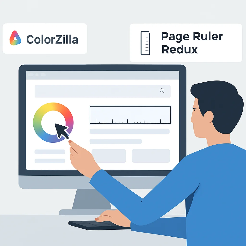 Desenvolvedor web usando ColorZilla para selecionar uma cor de uma página e Page Ruler Redux para medir elementos
