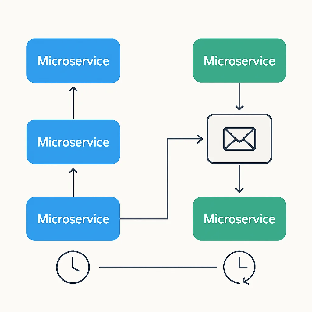 Diagrama ilustrando padrões de comunicação síncrona vs assíncrona em microsserviços