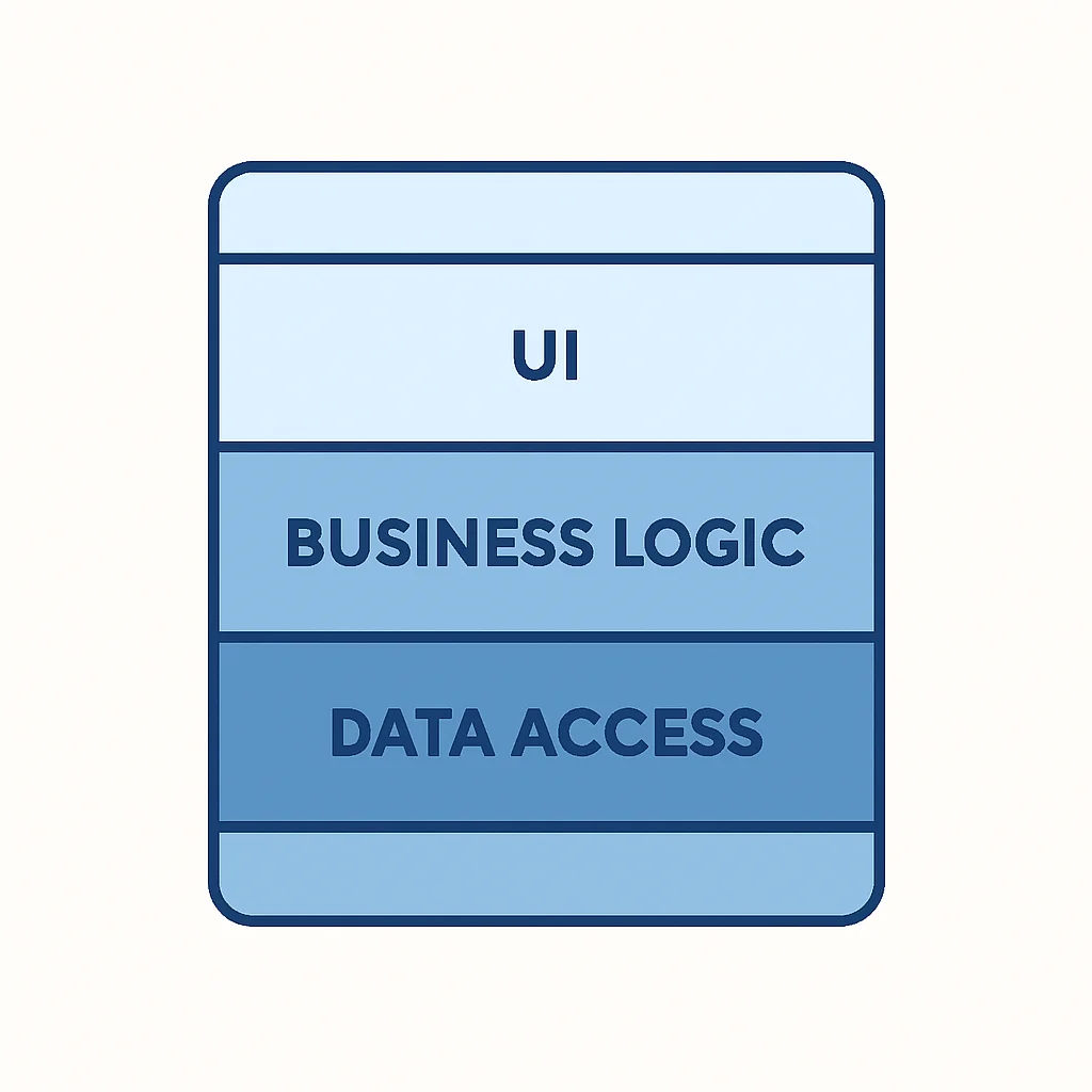 Diagrama de arquitetura monolítica com camadas de UI, lógica de negócios e acesso a dados em uma única caixa