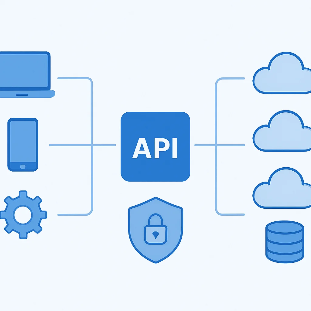 Diagrama do ecossistema de API com clientes e serviços de backend, destacando camadas de segurança