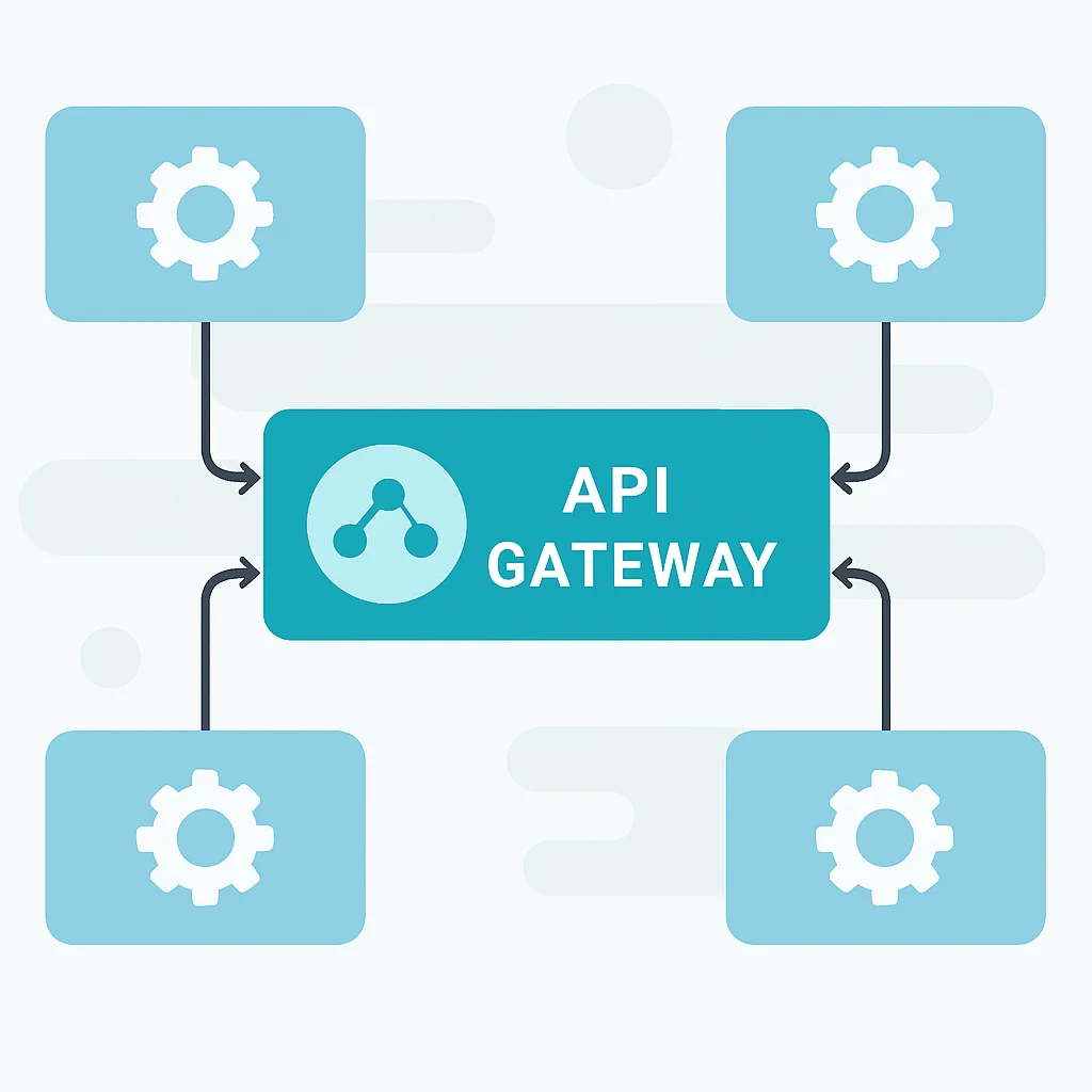 Diagrama de arquitetura de microsserviços com múltiplos serviços comunicando via API Gateway