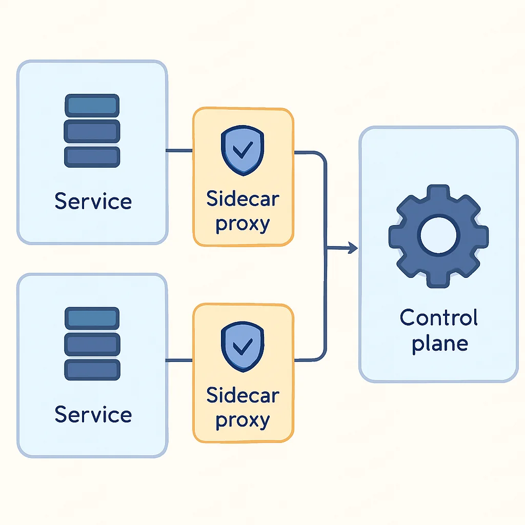 Diagrama de arquitetura de Service Mesh mostrando proxies sidecar e plano de controle